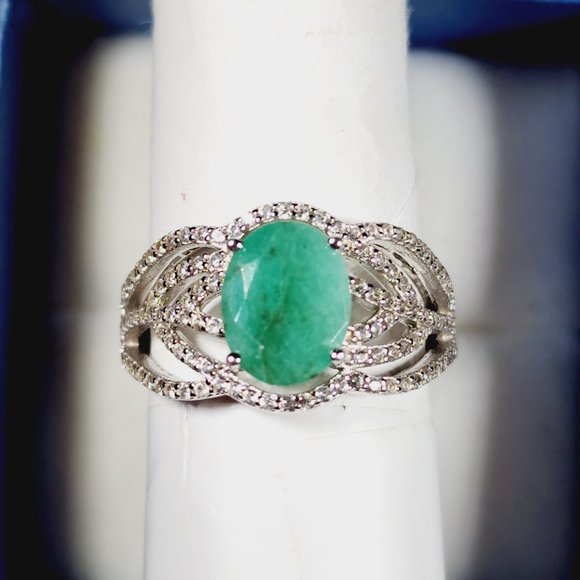 Emerald and White Zircon fancy openwork ring in Rhodium over 925 SS 2.08ct sz 8 - Picture 4 of 5